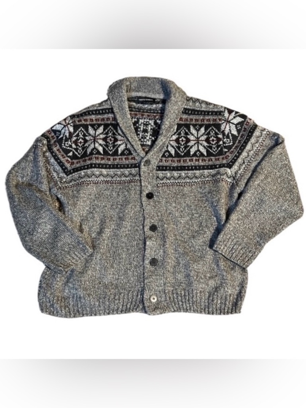 Tricots St Raphael Black Gray & Red Cardigan Sweater Shawl collar fair isle XXL